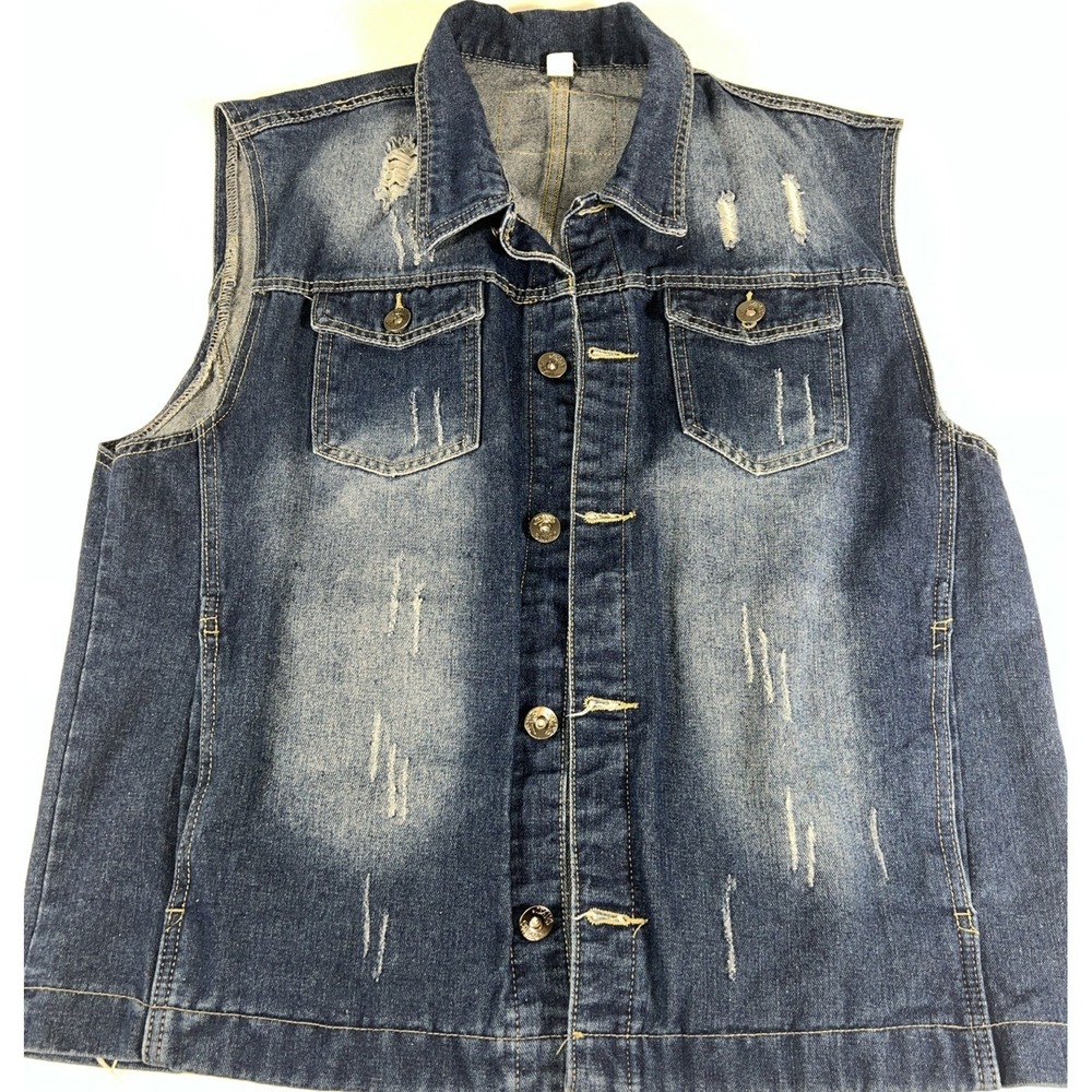 Men's Distressed Denim Vest XXXL Blue Jean Trucker Biker Button Front 3XL